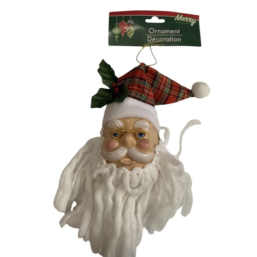 Christmas House Plaid Santa Head Yarn Beard Ornament Red Decorations Lot of 8‎